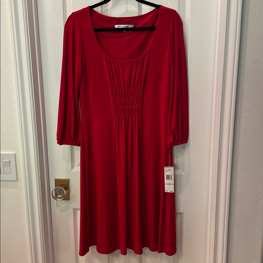 NWT Evan Picone Dress Red Ruched Gathered Front 3/4 Sleeve $99